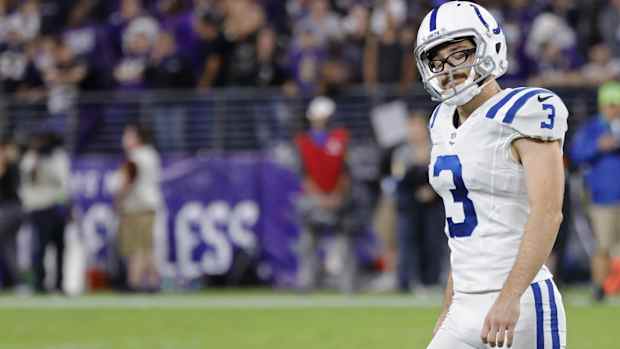 Colts kicker Rodrigo Blankenship shakes his head after missing a kick vs. Baltimore in a 2021 game.